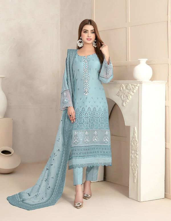 Sky Blue Embroidered 3Pc Lawn - Unstitched