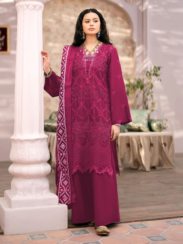 Wine Embroidered 3Pc Lawn - Unstitched